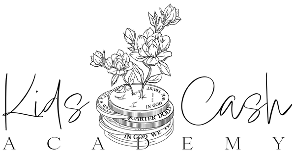 Black and white illustration of a stack of coins with flowers on top, surrounded by text 'Kids Academy Cash'.