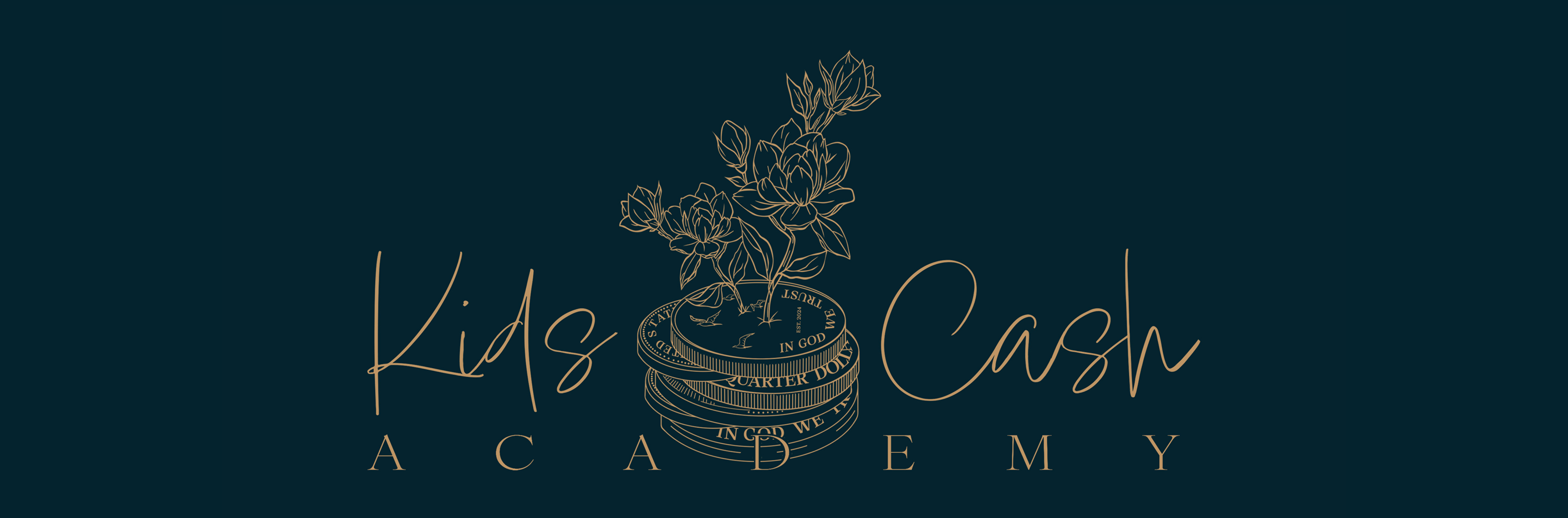 Logo of Kids Cash Academy with a decorative vase and branches on a dark background