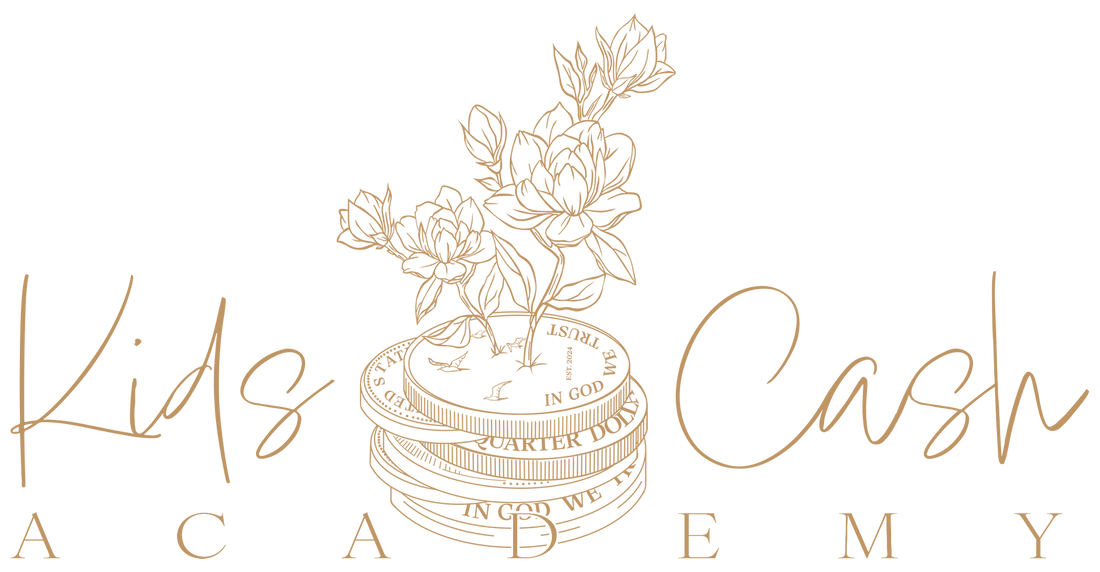gold illustration of a stack of coins with flowers on top, surrounded by text 'Kids Academy Cash'.